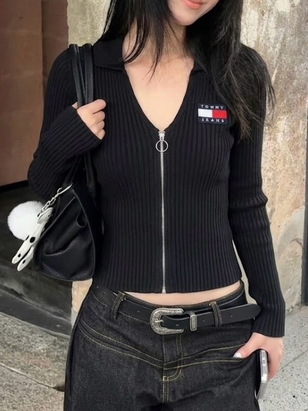 Tommy Hilfiger Black Ribbed Zip-Up Top